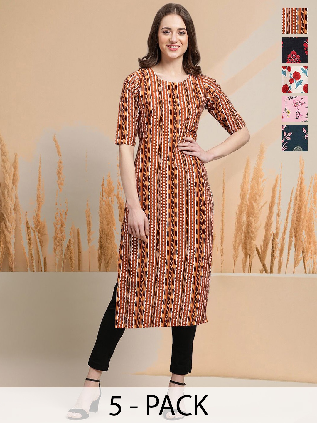 

7Threads Selection Of 5 Ethnic Motifs Printed Round Neck Straight Kurta, Mustard