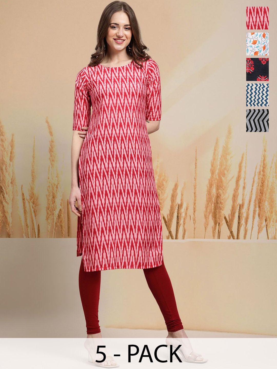 

7Threads Selection Of 5 Chevron Printed Round Neck Straight Kurtas, Red