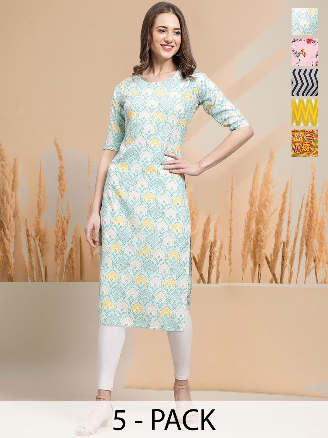 

7Threads Selection of 5 Ethnic Motifs Printed Round Neck Straight Kurtas, Blue