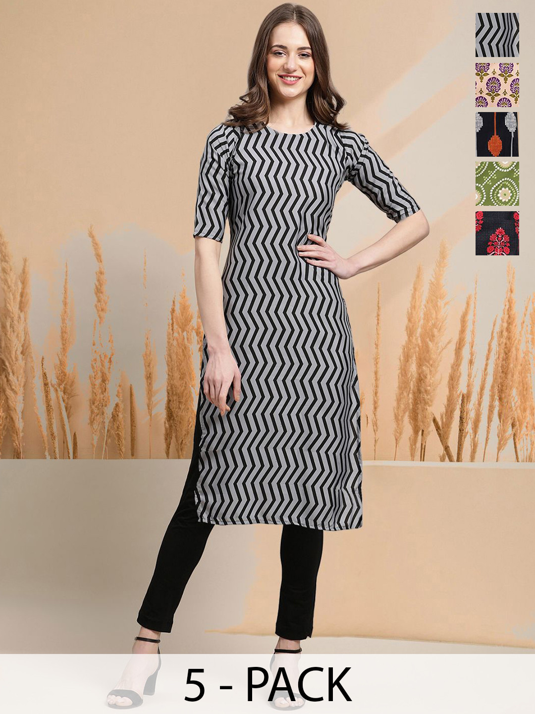 

7Threads Selection Of 5 Chevron Printed Round Neck Straight Kurtas, Grey