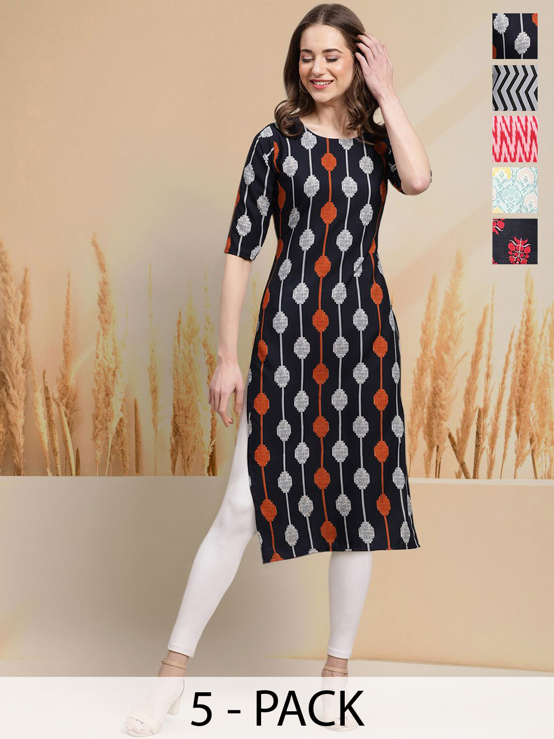 

7Threads Selection Of 5 Geometric Printed Round Neck Straight Kurtas, Black