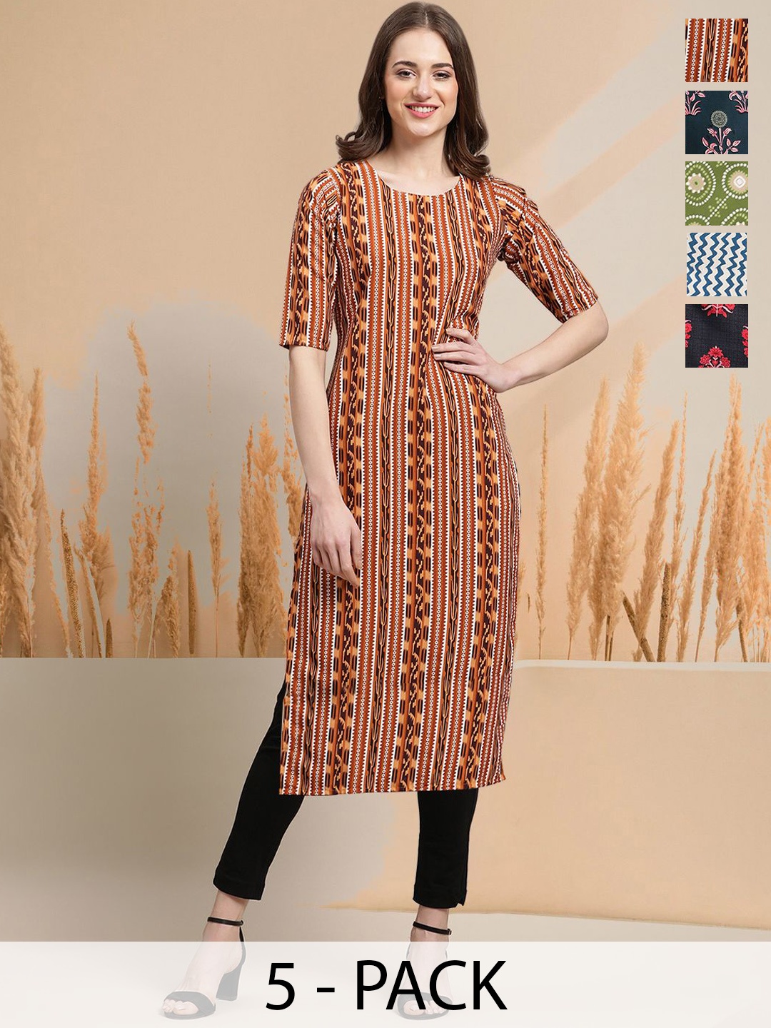 

7Threads Selection Of 5 Ethnic Motifs Printed Round Neck Straight Kurta, Mustard