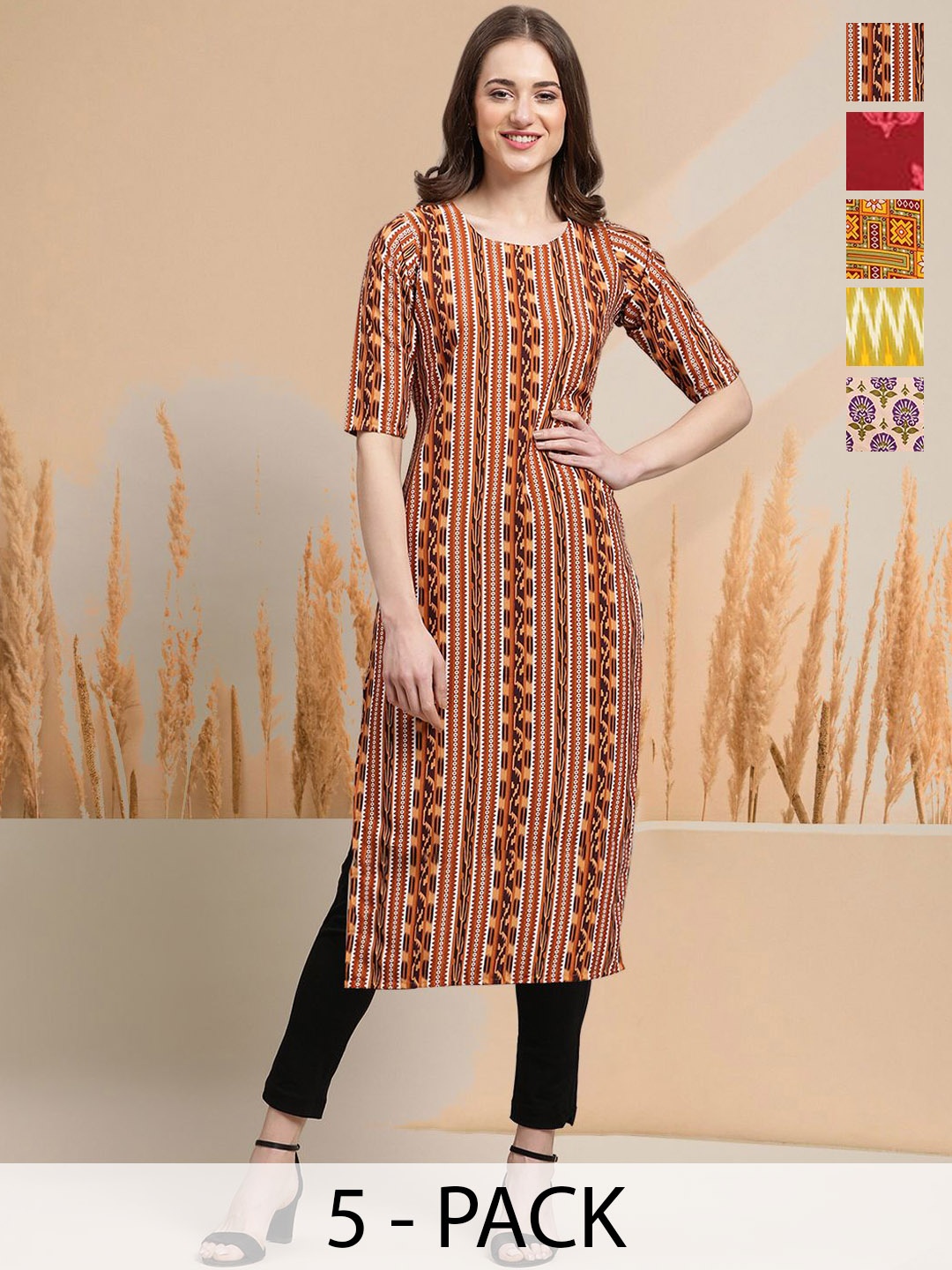 

7Threads Selection of 5 Floral Printed Round Neck Straight Kurtas, Brown