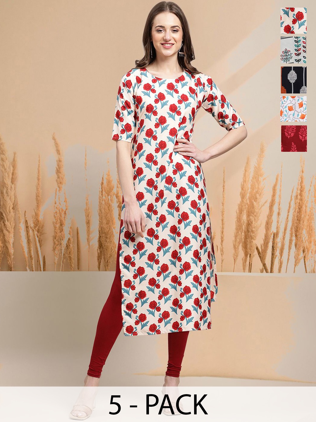 

7Threads Selection of 5 Floral Printed Round Neck Straight Kurtas, White