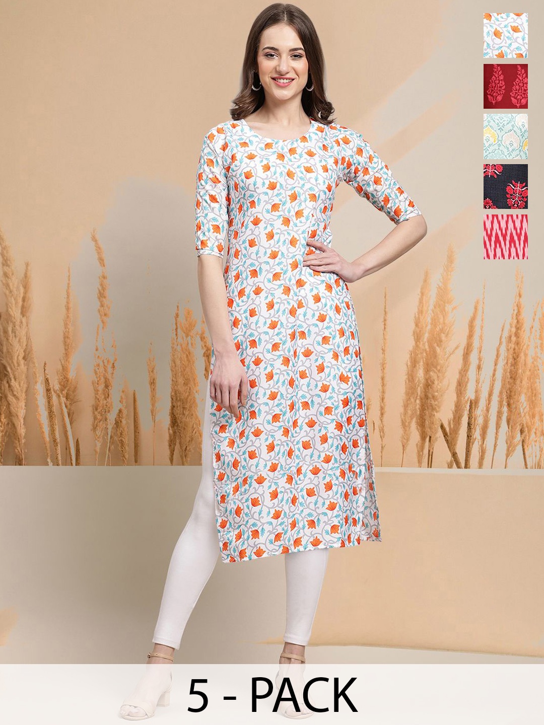 

7Threads Selection of 5 Floral Printed Round Neck Straight Kurtas, White