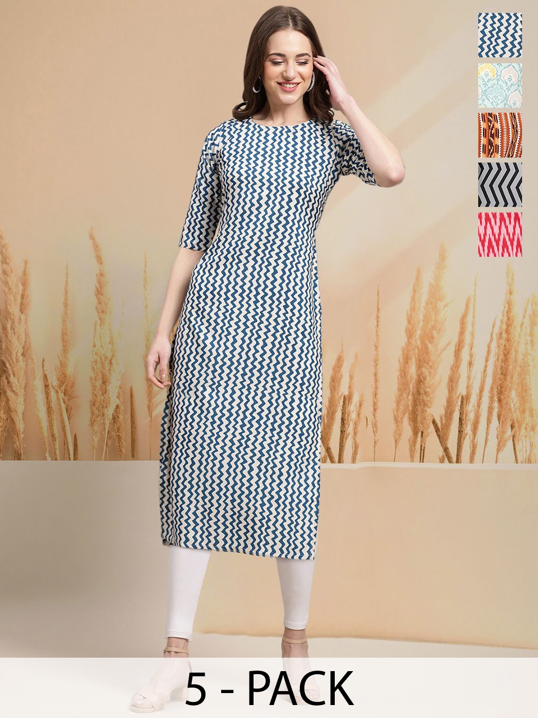 

7Threads Selection Of 5 Geometric Printed Straight Kurtas, Grey