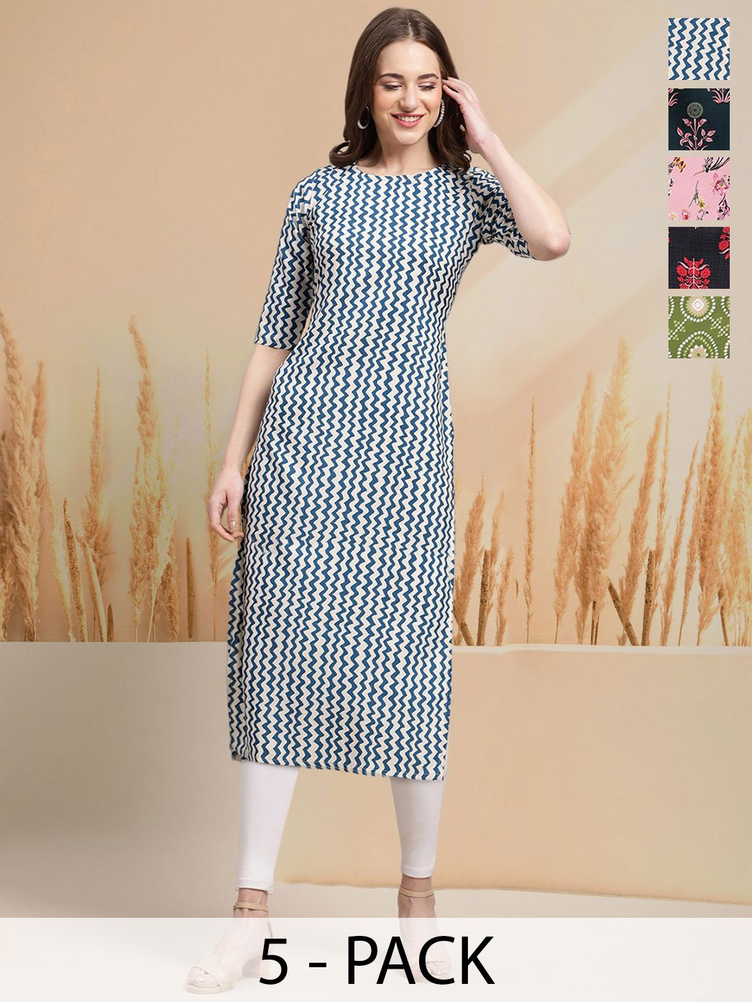 

7Threads Selection of 5 Chevron Printed Round Neck Straight Kurtas, Blue