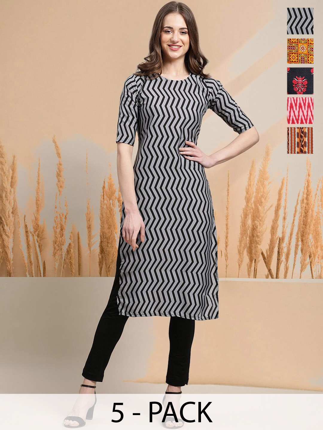 

7Threads Selection Of 5 Chevron Printed Round Neck Straight Kurtas, Black