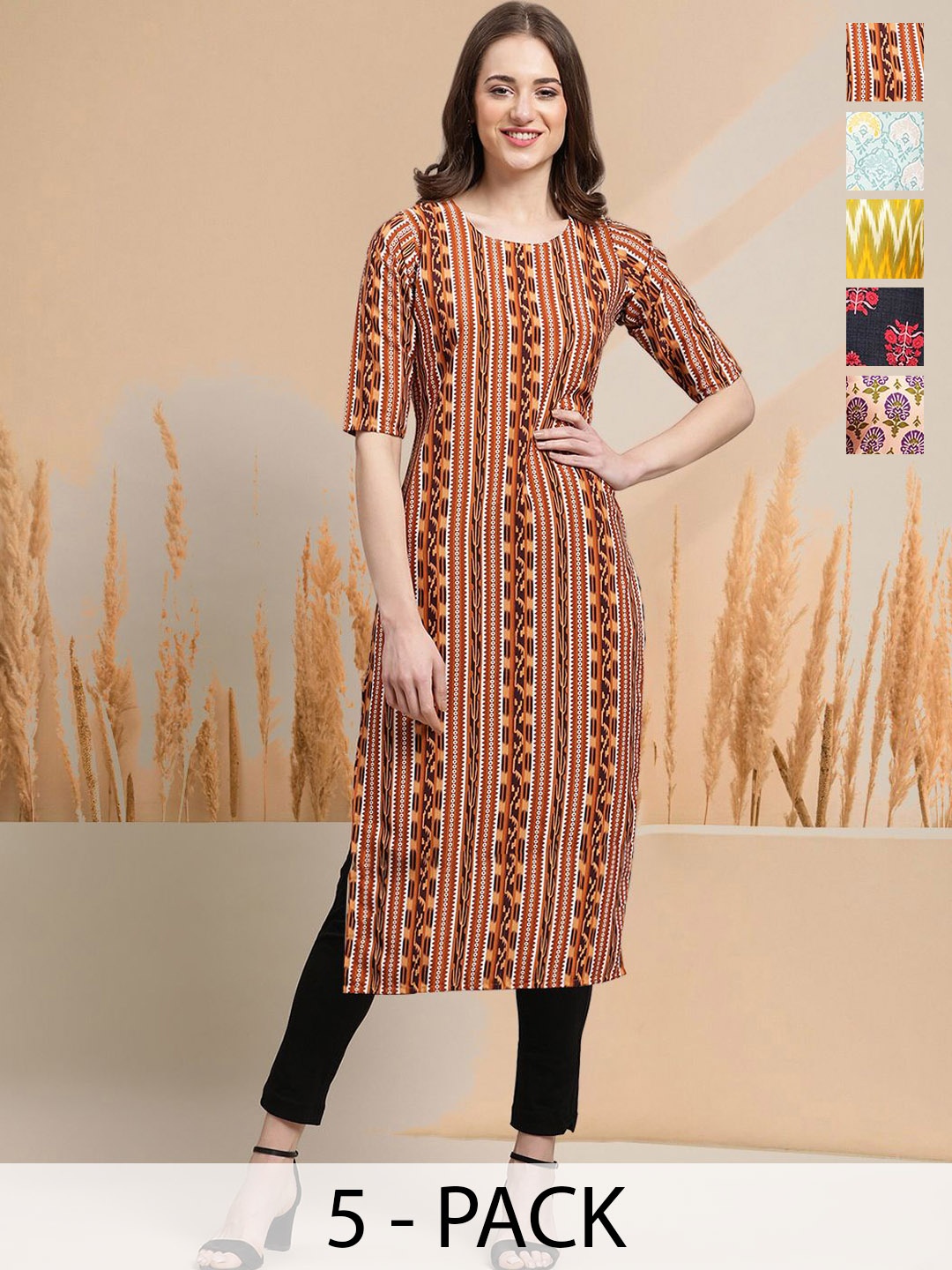 

7Threads Selection of 5 Abstract Printed Round Neck Straight Kurtas, Orange