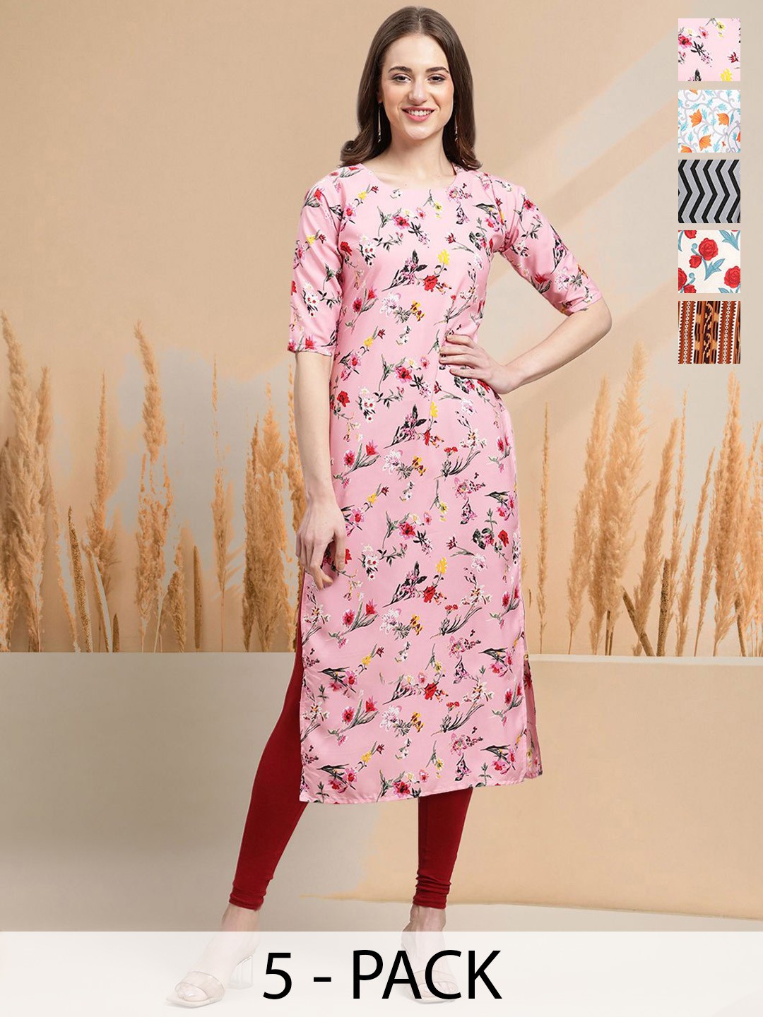 

7Threads Selection Of 5 Floral Printed Round Neck Straight Kurtas, Pink