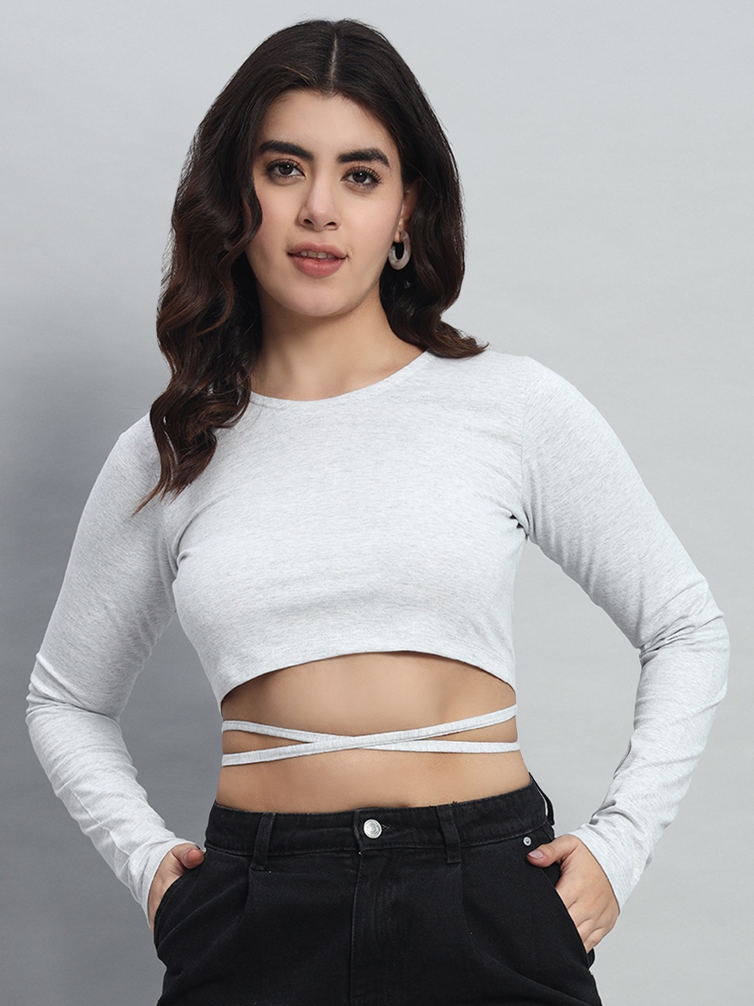 

N1F FASHION Cotton Long Sleeves Tie-Ups Fitted Crop Top, Grey