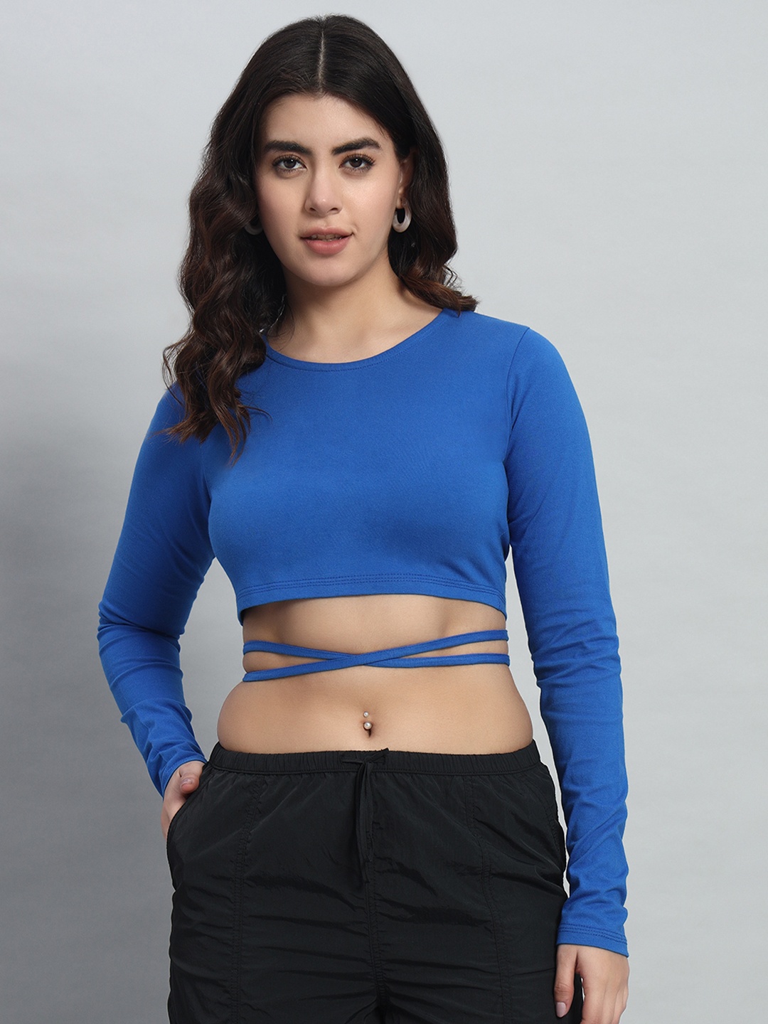 

N1F FASHION Women Round Neck Cotton Fitted Crop Top, Blue