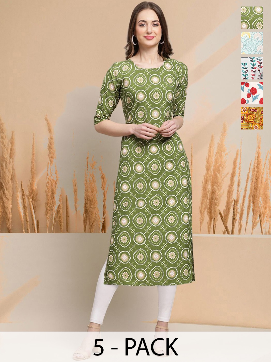 

7Threads Selection Of 5 Ethnic Motifs Printed Round Neck Straight Kurtas, Olive