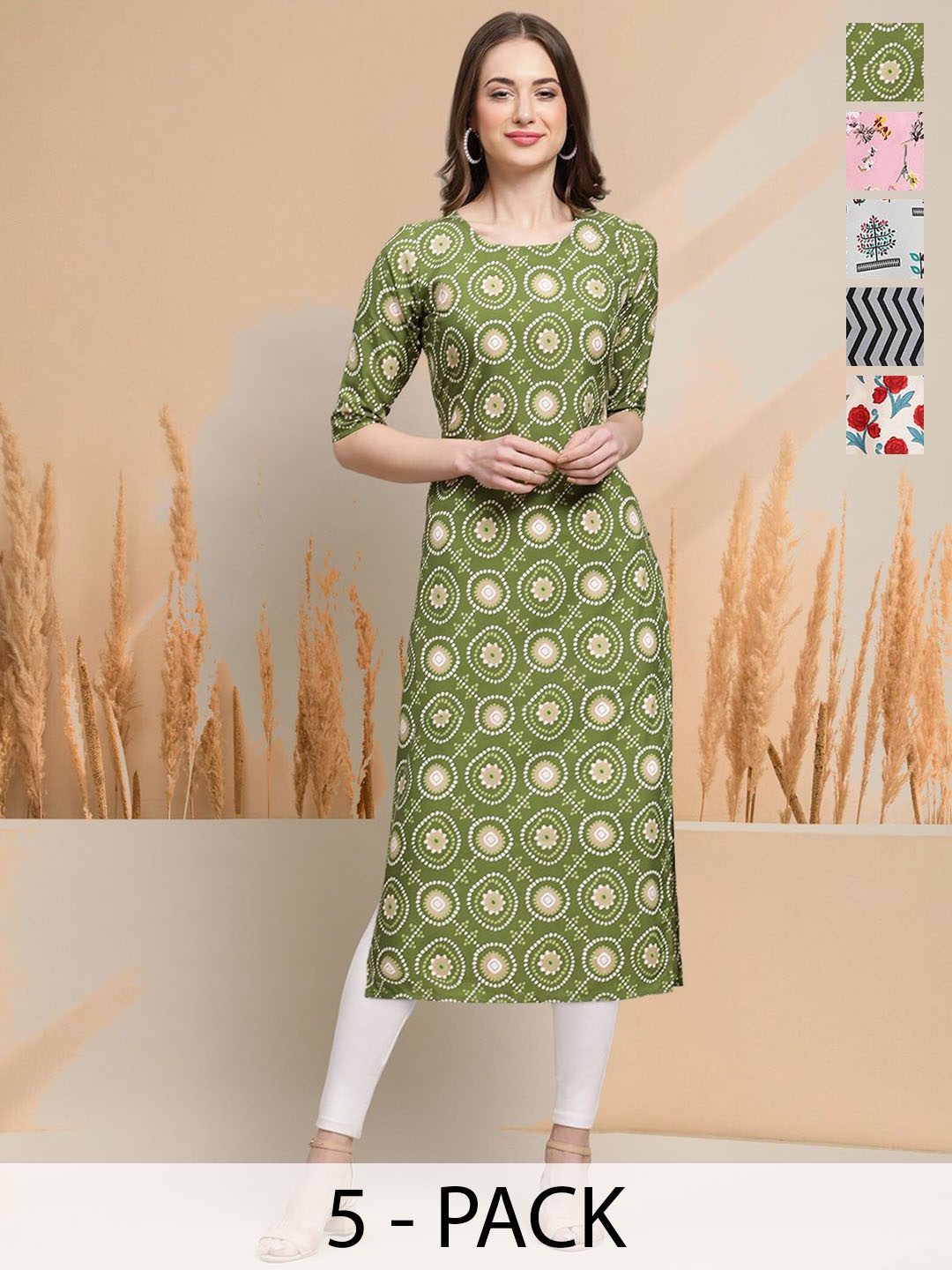 

7Threads Selection Of 5 Ethnic Motifs Printed Round Neck Straight Kurtas, Olive