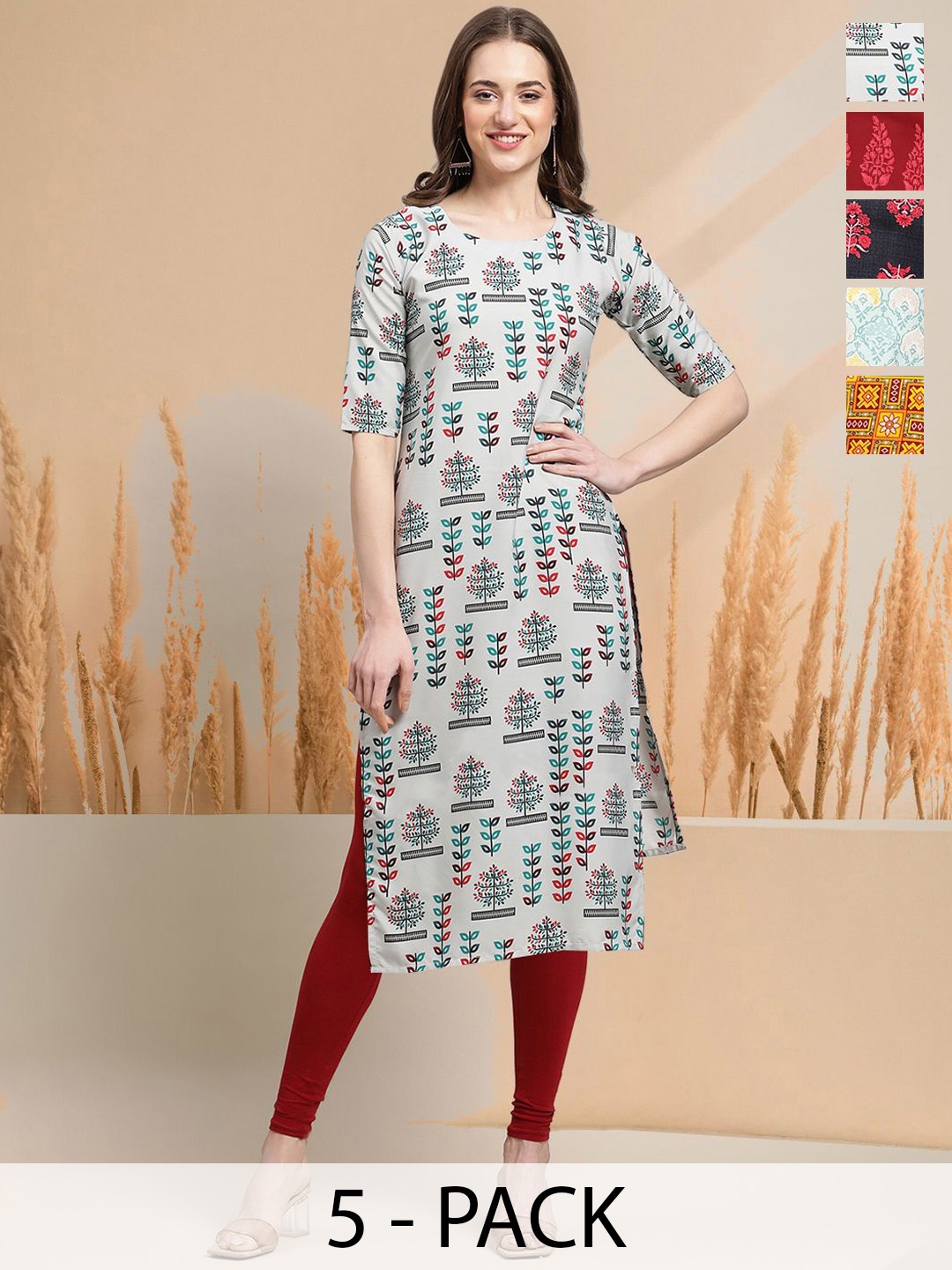 

7Threads Selection of 5 Floral Printed Round Neck Straight Kurtas, White