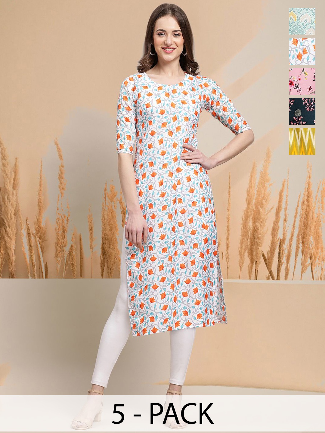 7Threads Selection Of 5 Floral Printed Round Neck Straight Kurta, White