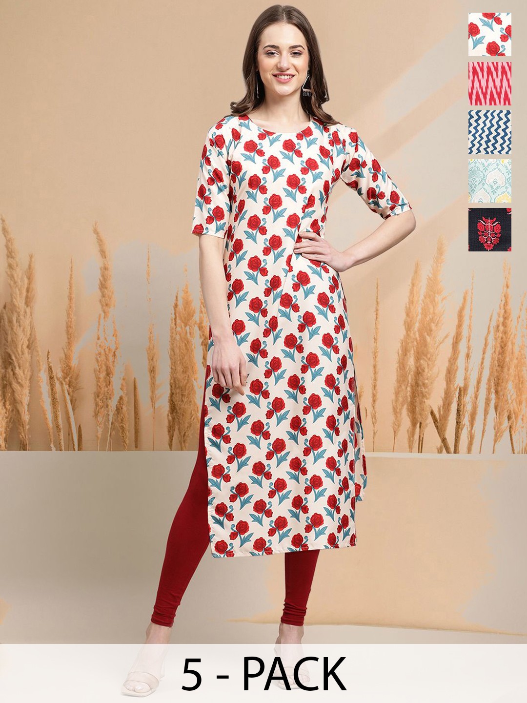 

7Threads Selection Of 5 Floral Printed Round Neck Straight Kurtas, Pink