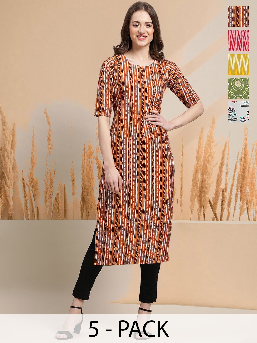 

7Threads Selection Of 5 Ethnic Motifs Printed Round Neck Straight Kurta, Mustard