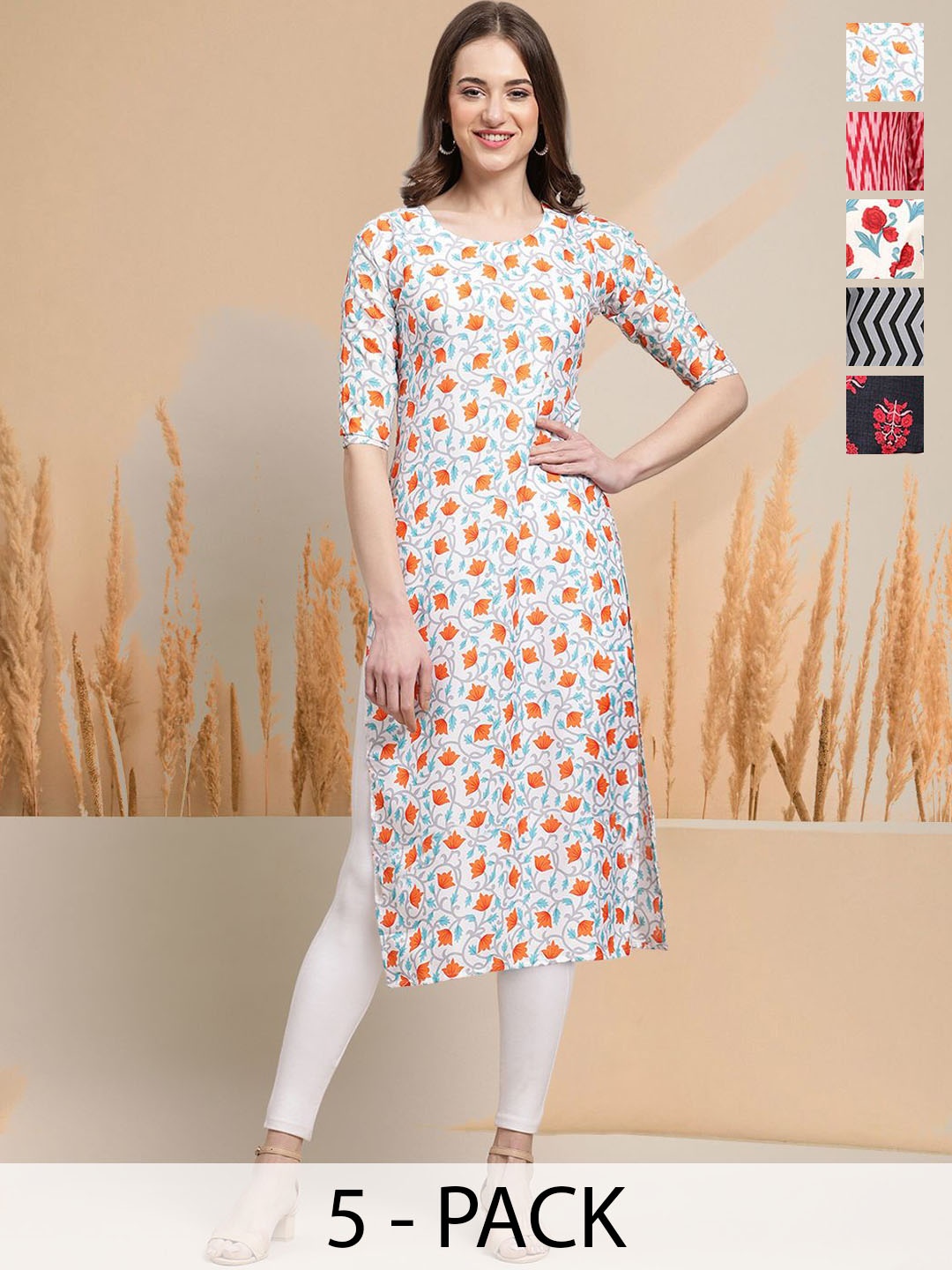

7Threads Selection of 5 Floral Printed Round Neck Straight Kurtas, White