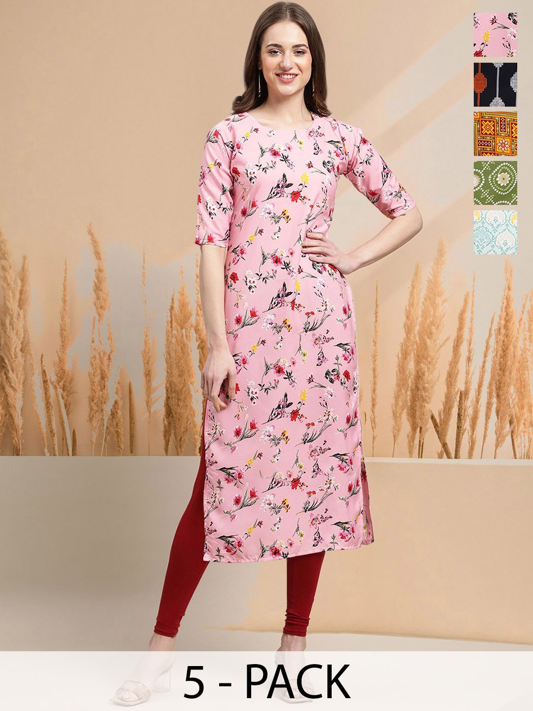 

7Threads Selection of 5 Floral Printed Round Neck Straight Kurtas, Pink