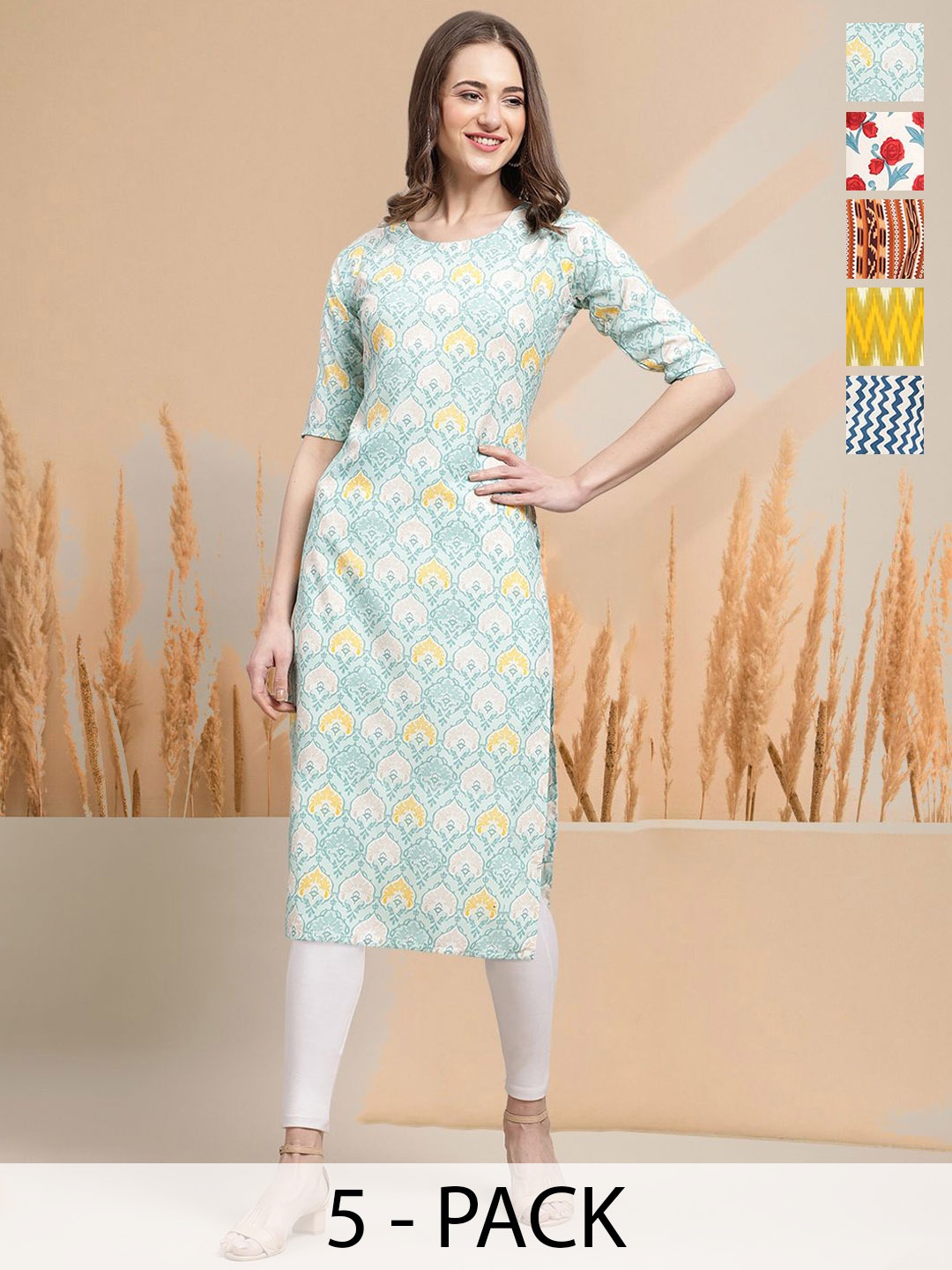 

7Threads Selection of 5 Ethnic Motifs Printed Round Neck Straight Kurtas, Blue