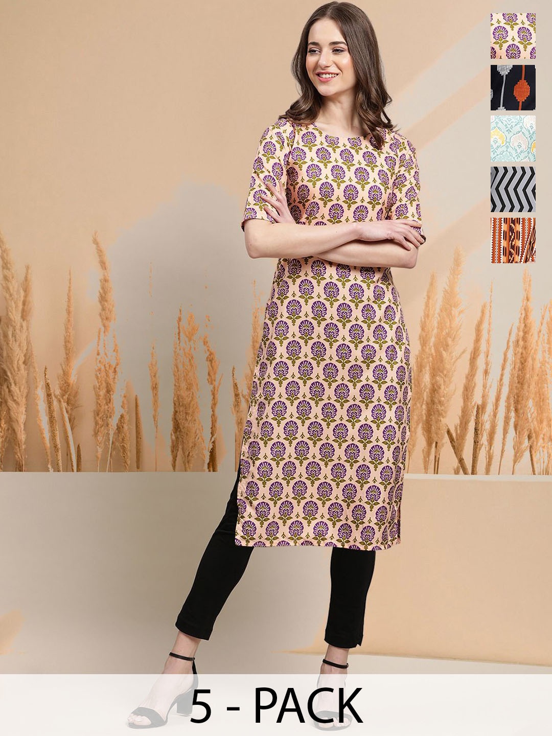 

7Threads Selection of 5 Floral Printed Round Neck Straight Kurtas, Beige