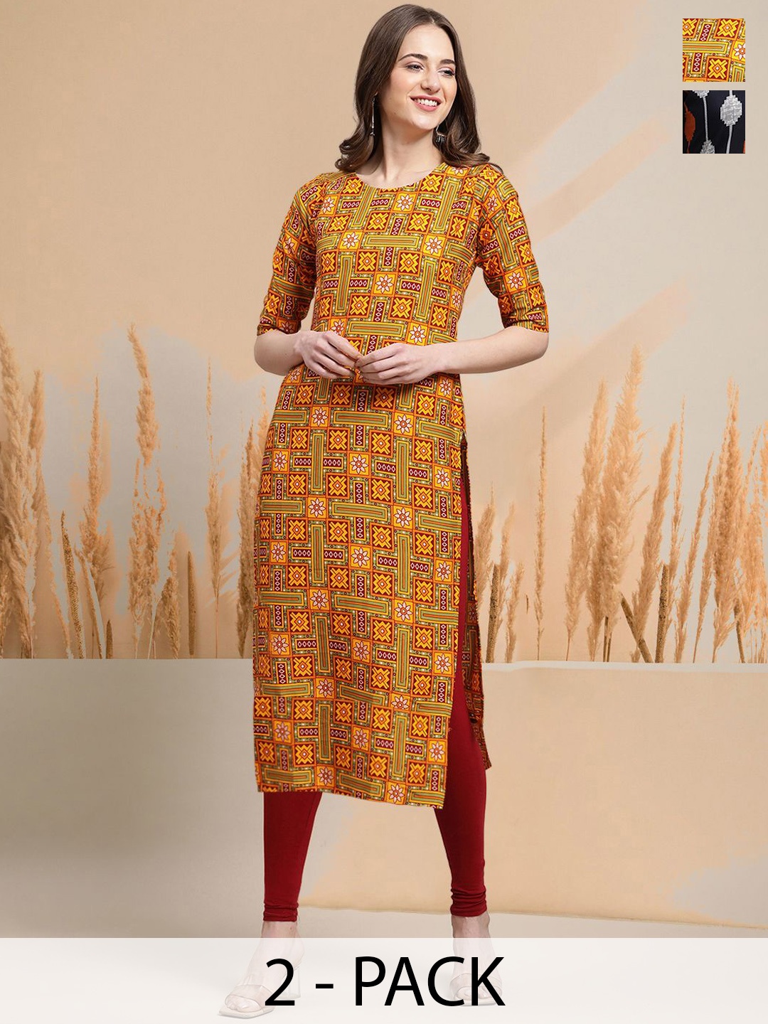 

7Threads Selection of 2 Ethnic Motifs Printed Round Neck Straight Kurtas, Yellow