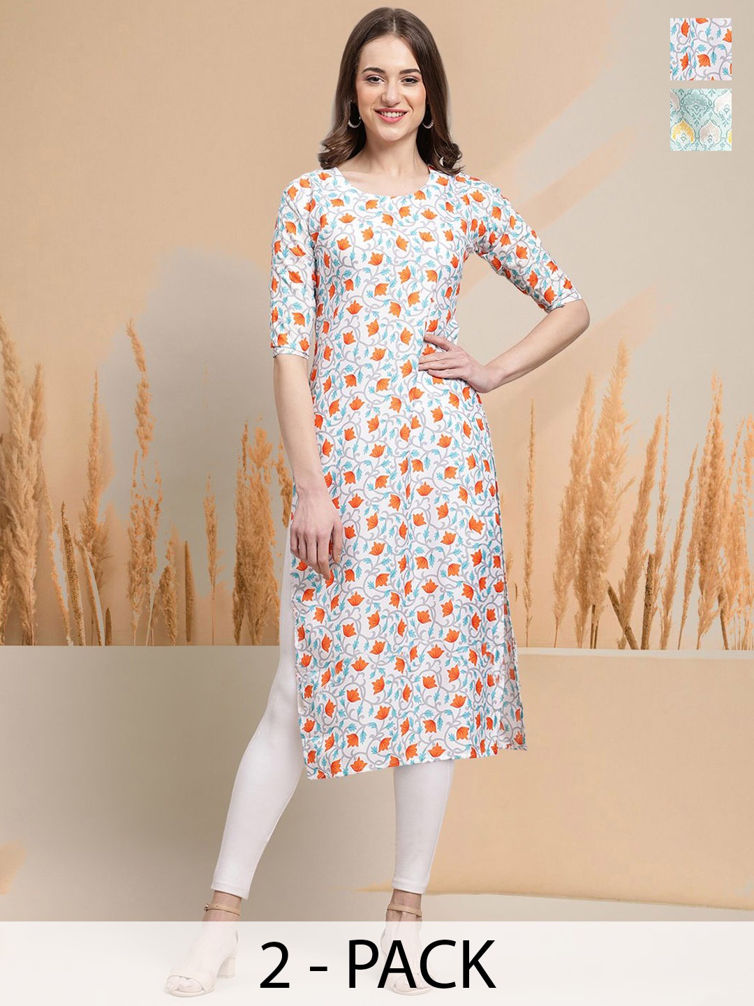 

7Threads Selection of 2 Floral Printed Round Neck Straight Kurtas, White