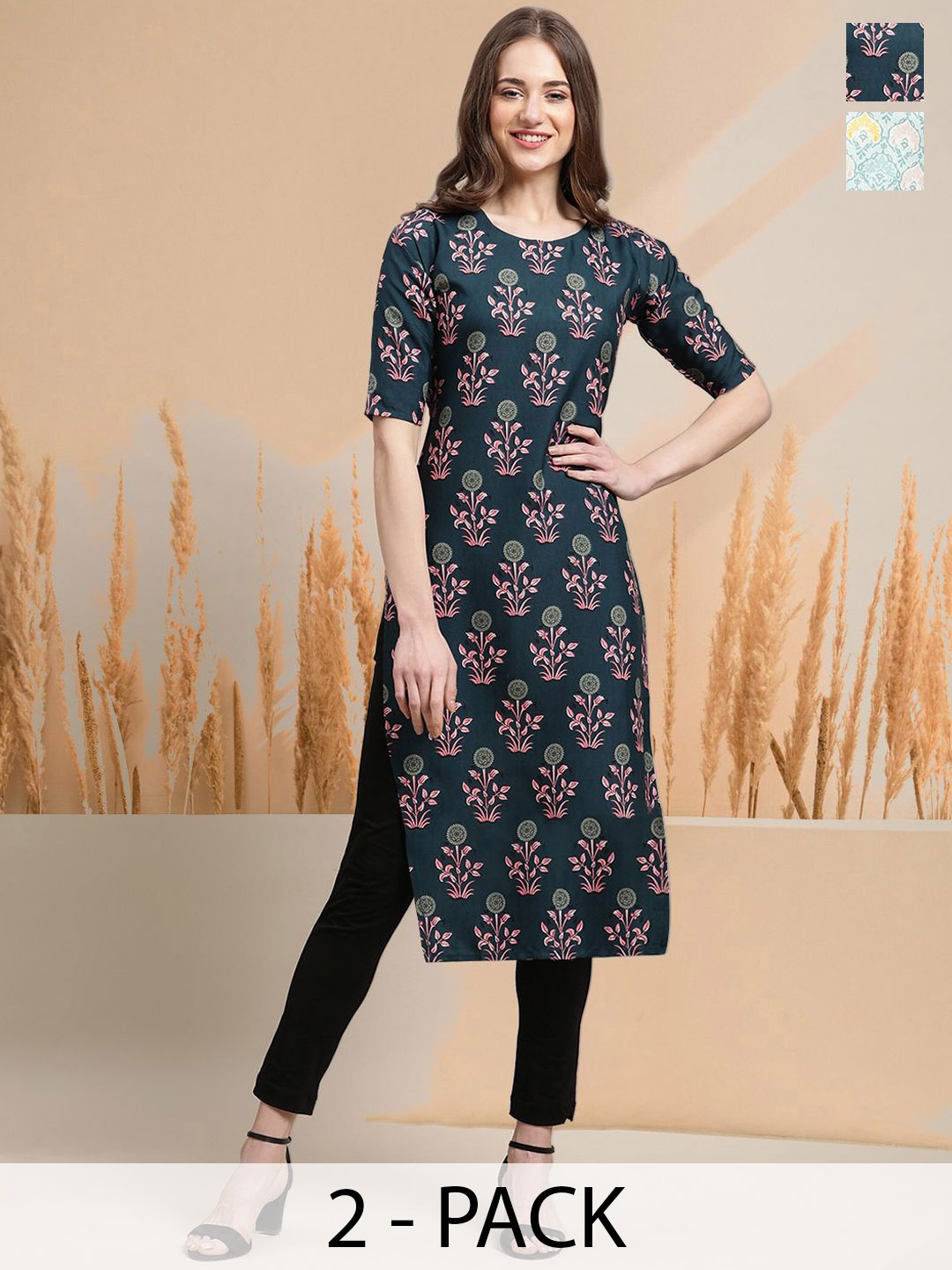 7Threads Selection of 2 Floral Printed Round Neck Straight Kurtas, Teal