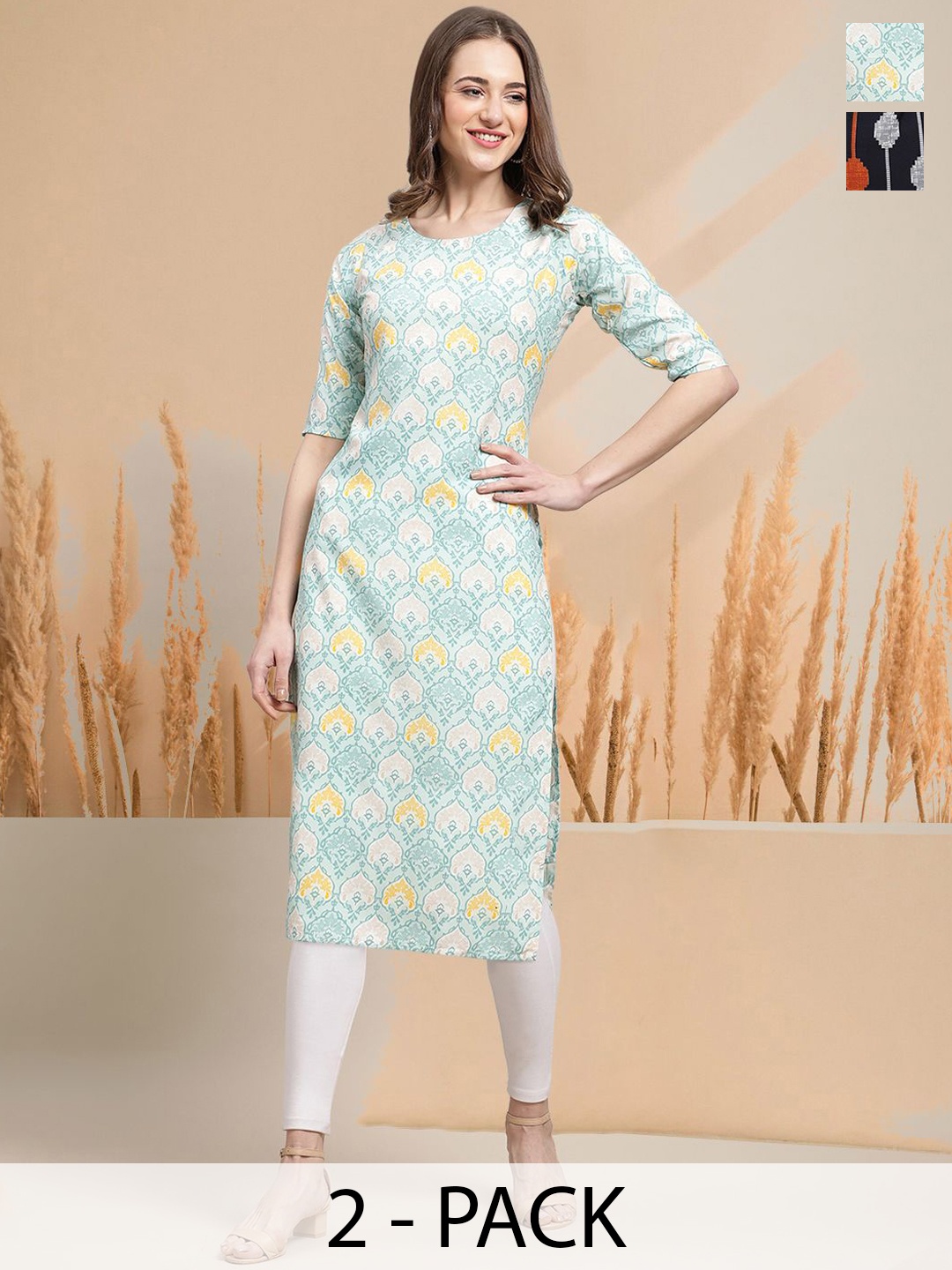 

7Threads Selection Of 2 Ethnic Motifs Printed Round Neck Straight Kurta, Blue