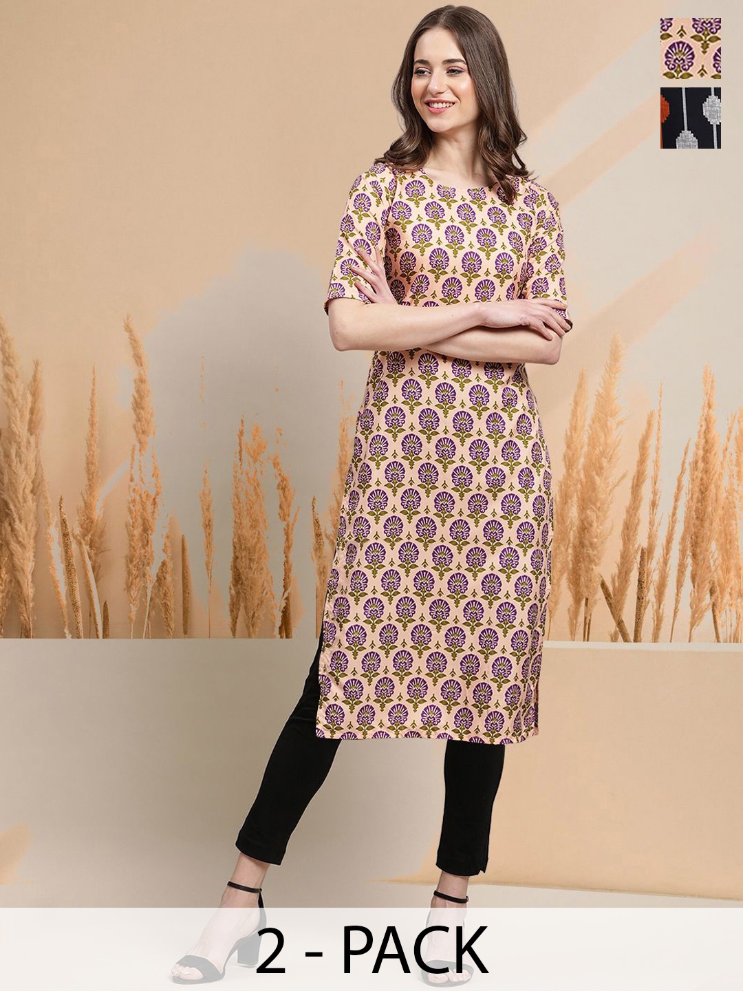 

7Threads Selection of 2 Floral Printed Round Neck Straight Kurtas, Peach