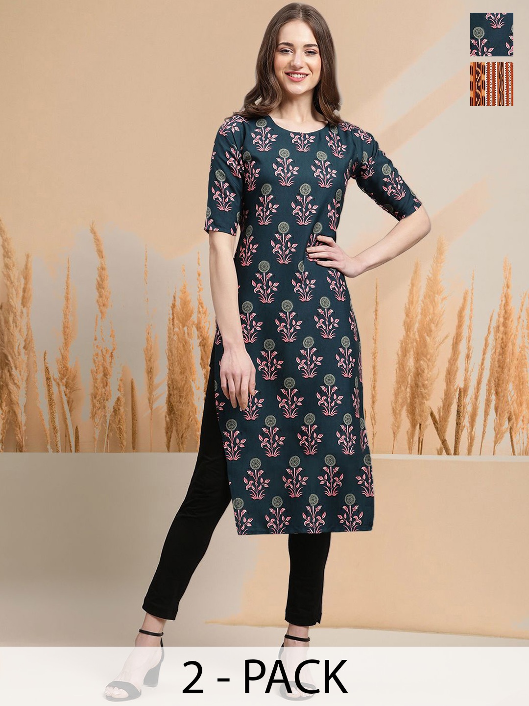

7Threads Selection of 2 Geometric Printed Round Neck Straight Kurtas, Blue