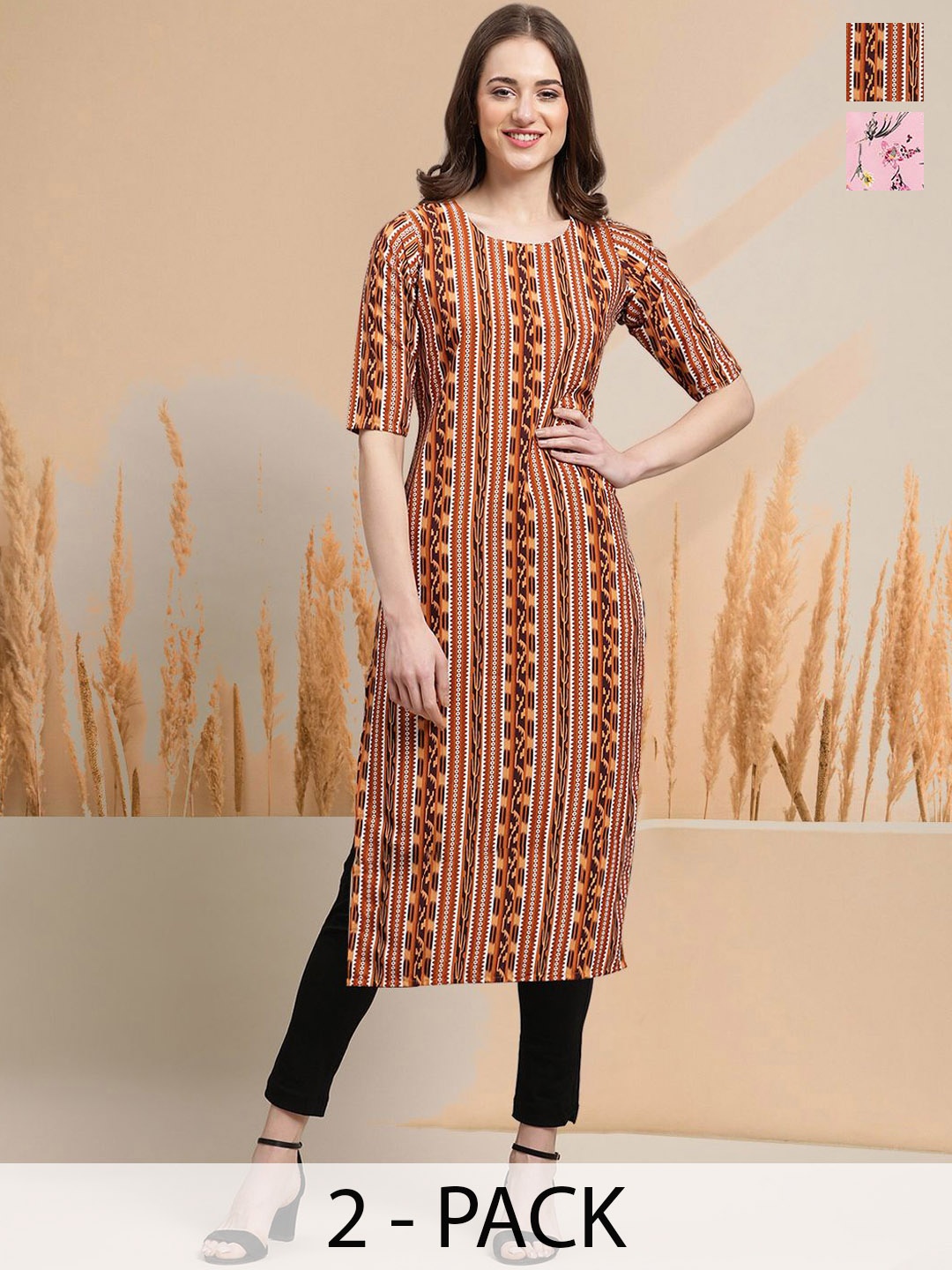 

7Threads Selection of 2 Geometric Printed Round Neck Straight Kurtas, Rust