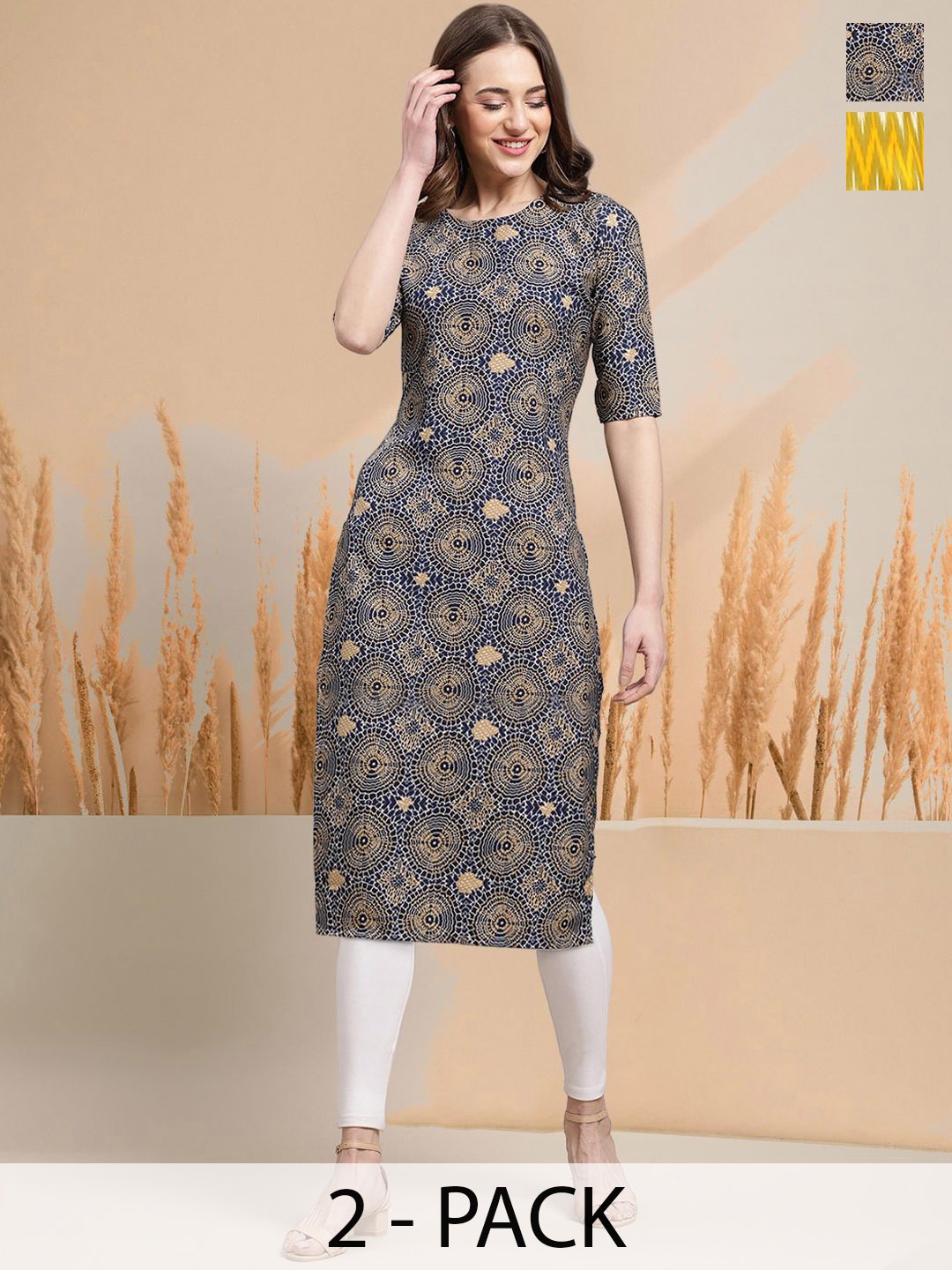 

7Threads Selection of 2 Geometric Printed Round Neck Straight Kurtas, Navy blue