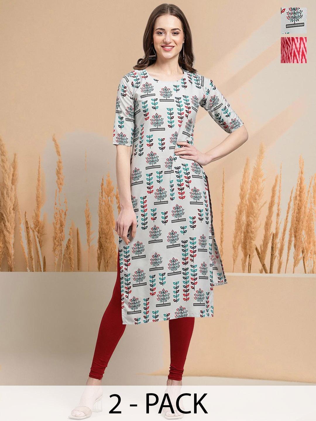 

7Threads Selection Of 2 Floral Printed Round Neck Straight Kurtas, Grey