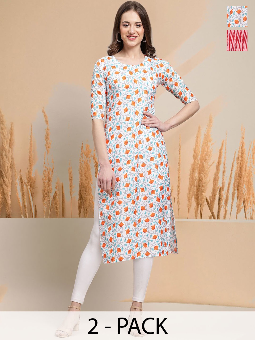 

7Threads Selection Of 2 Floral Printed Round Neck Straight Kurtas, Multi