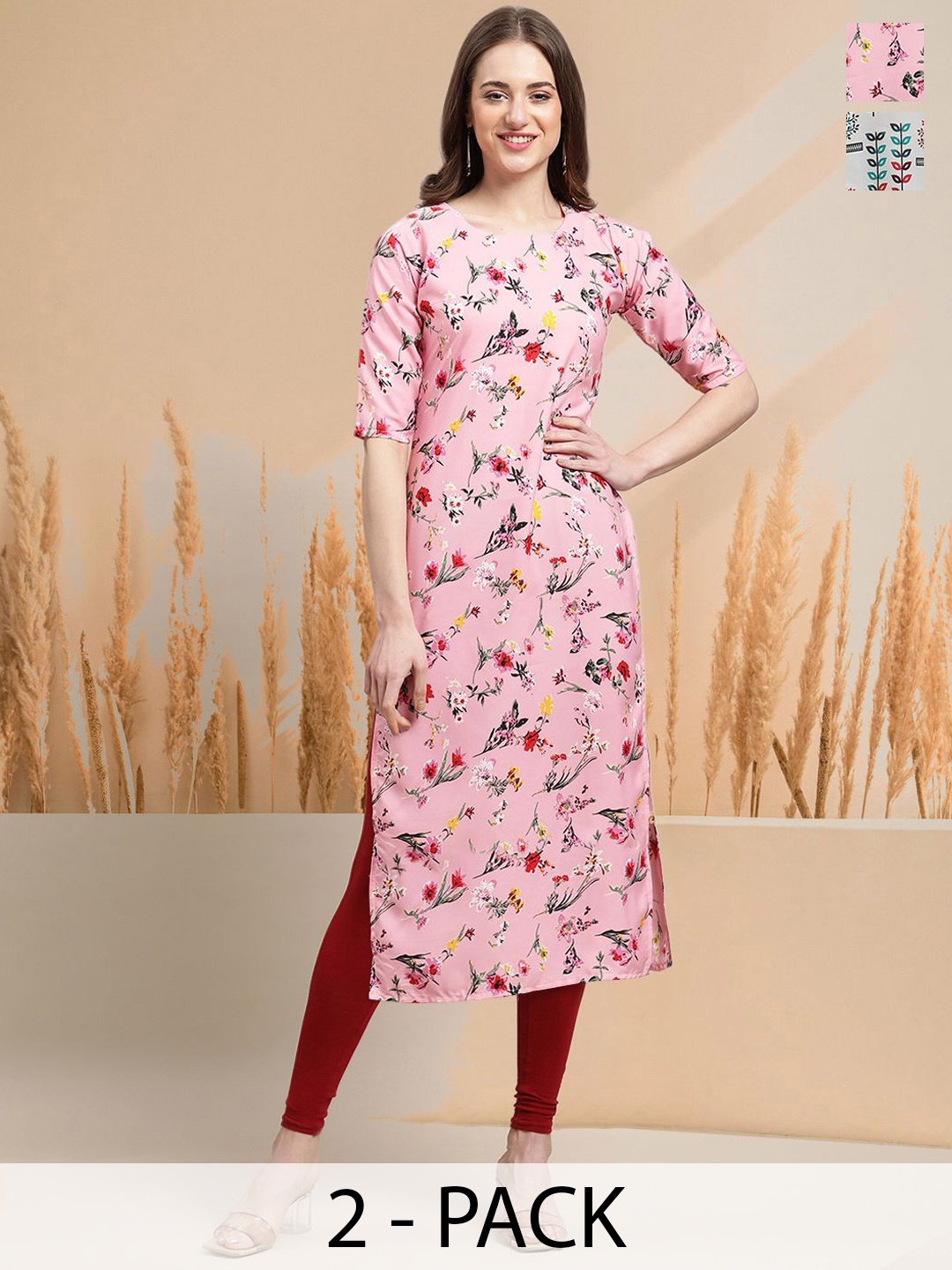 

7Threads Selection Of 2 Floral Printed Round Neck Straight Kurta, Pink