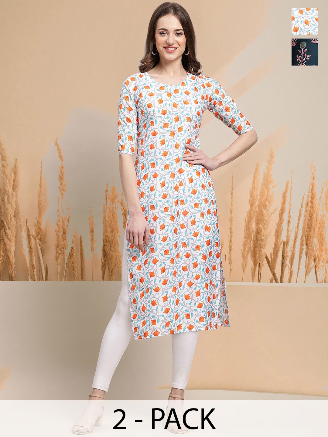 

7Threads Selection Of 2 Floral Printed Round Neck Straight Kurtas, Blue