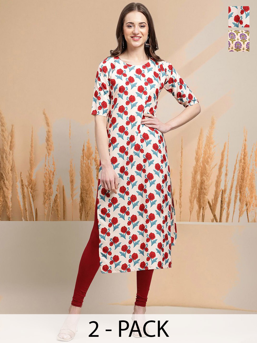 

7Threads Selection of 2 Floral Printed Round Neck Straight Kurtas, White