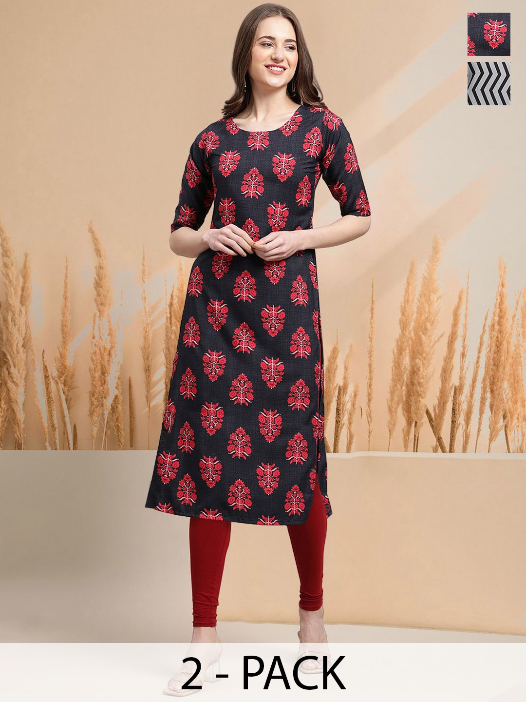 

7Threads Selection of 2 Floral Printed Round Neck Straight Kurtas, Black