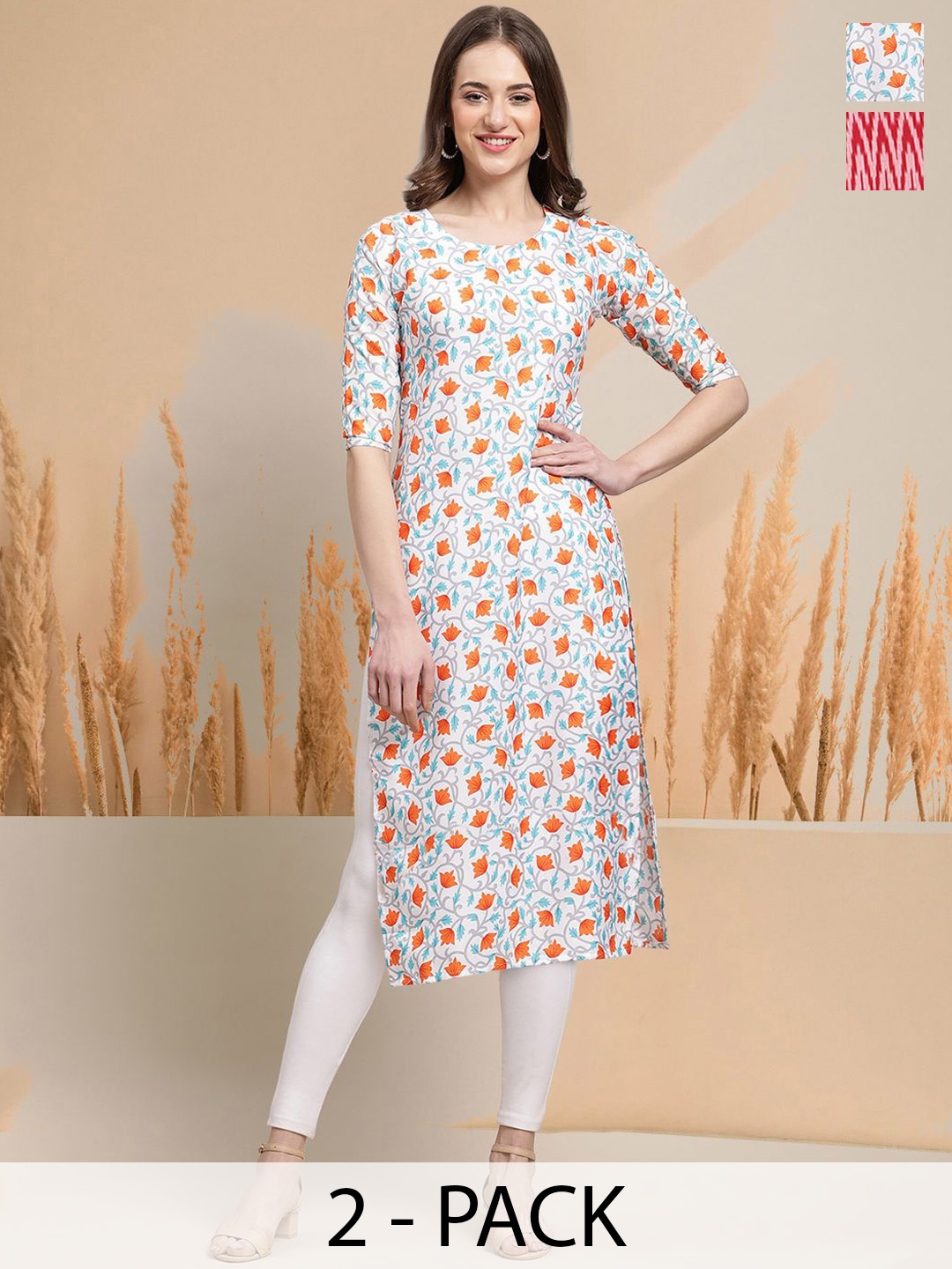 

7Threads Selection of 2 Floral Printed Round Neck Straight Kurtas, White