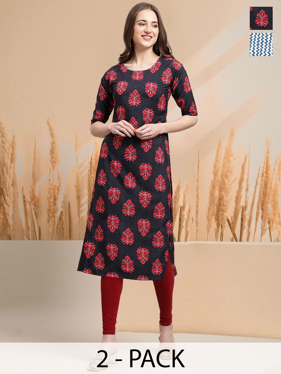 

7Threads Selection Of 2 Floral Printed Round Neck Straight Kurtas, Black