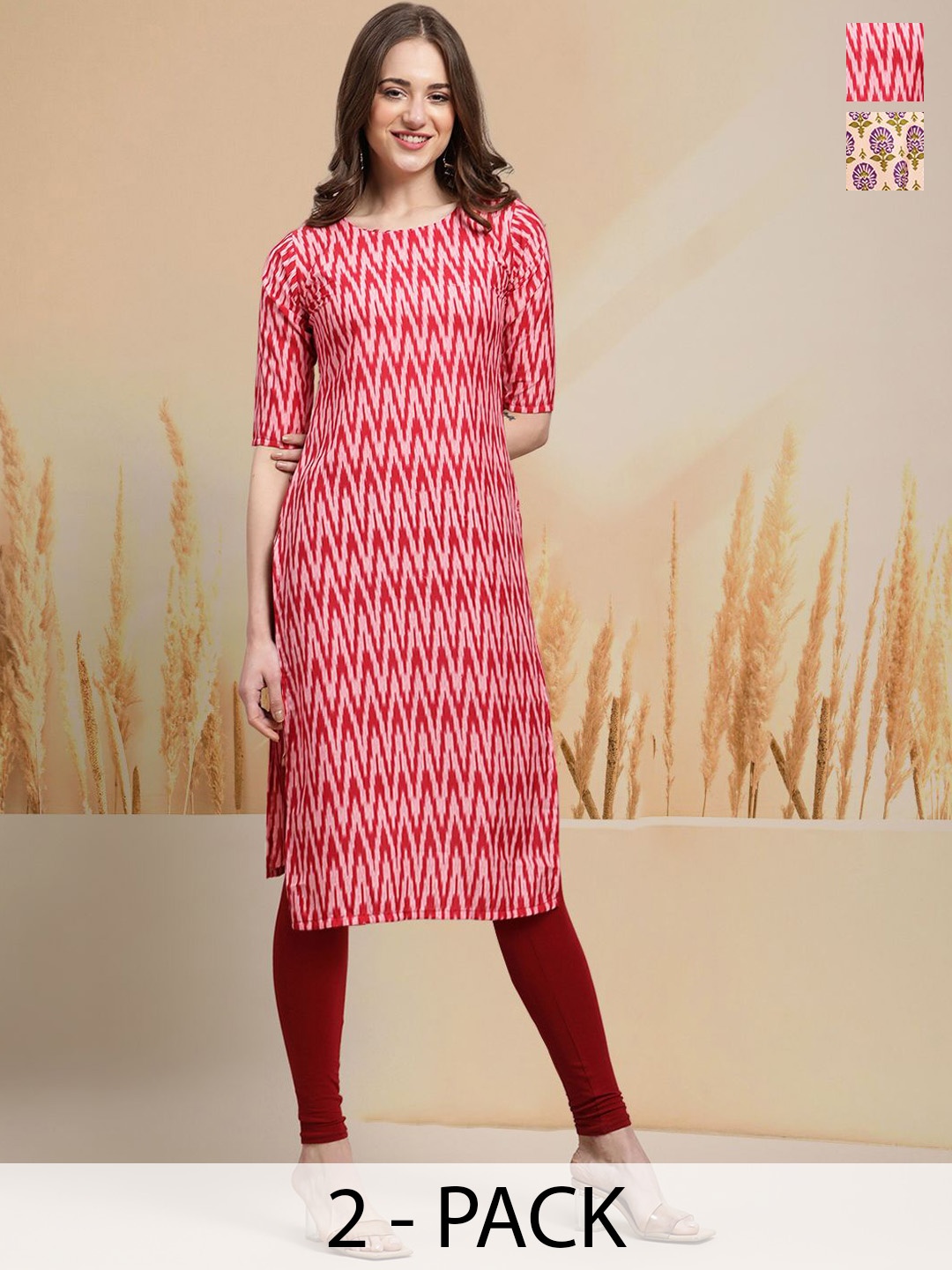 

7Threads Selection of 2 Chevron Printed Round Neck Straight Kurtas, Red