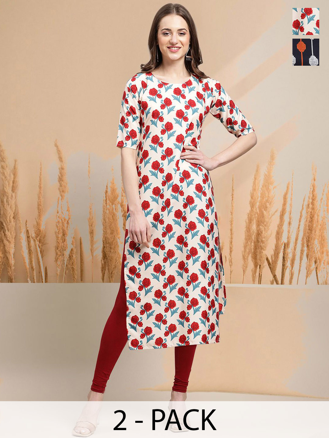 

7Threads Selection of 2 Floral Printed Round Neck Straight Kurtas, White