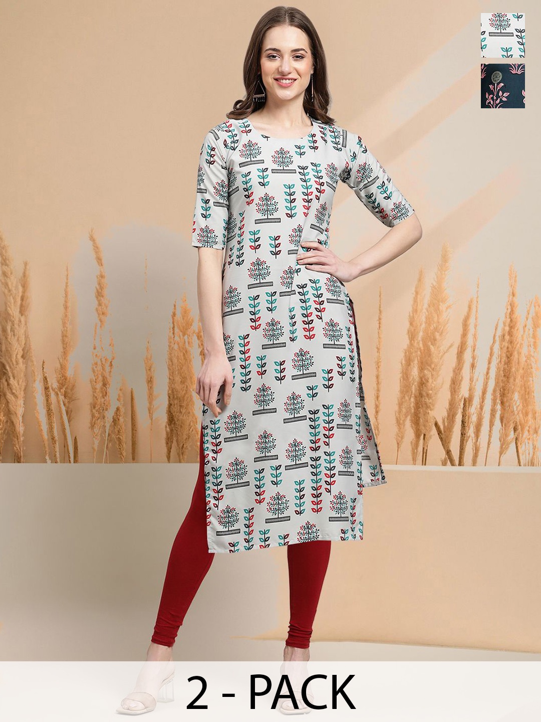 

7Threads Selection of 2 Floral Printed Round Neck Straight Kurtas, Grey