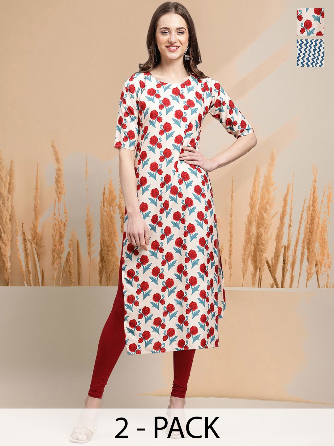 

7Threads Selection of 2 Floral Printed Round Neck Straight Kurtas, Red