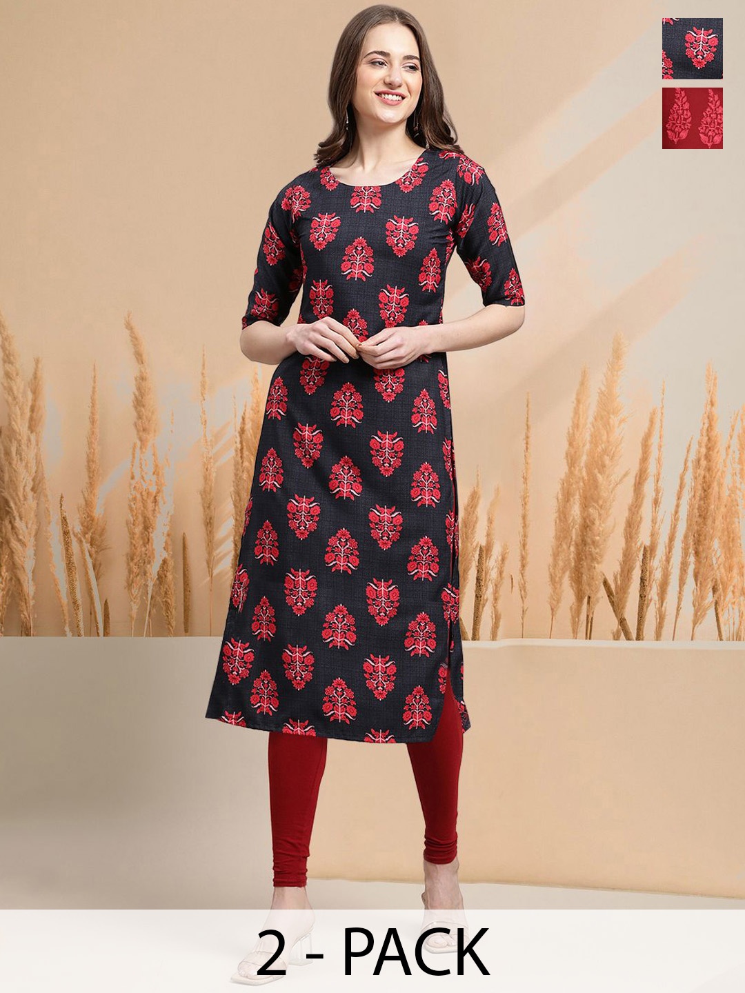 

7Threads Selection of 2 Floral Printed Round Neck Straight Kurtas, Black