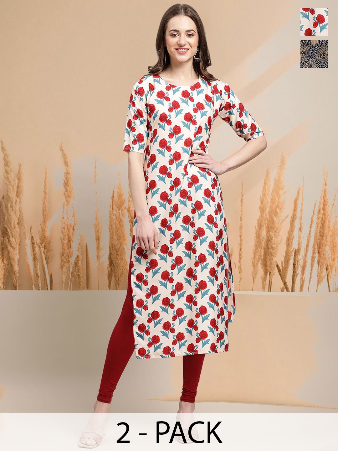 

7Threads Selection of 2 Floral Printed Round Neck Straight Kurtas, Cream