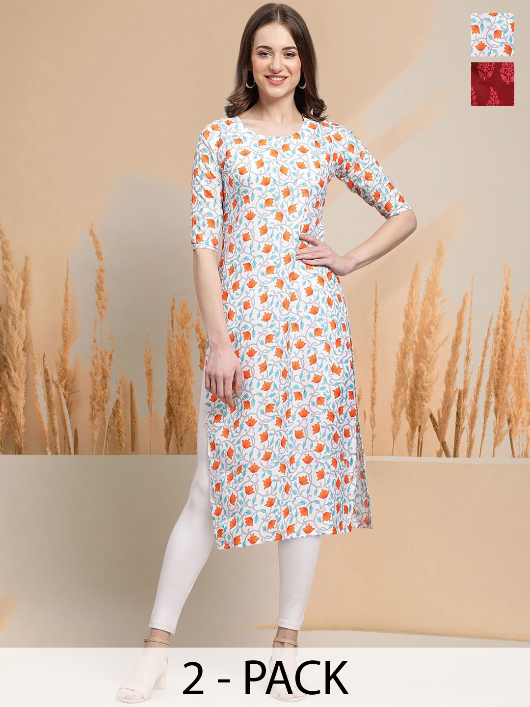 

7Threads Selection of 2 Floral Printed Round Neck Straight Kurtas, White