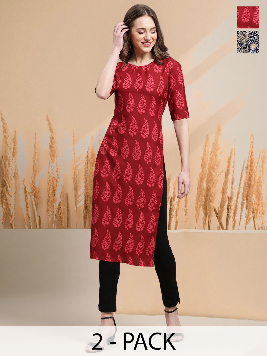 

7Threads Selection Of 2 Floral Printed Round Neck Straight Kurta, Red